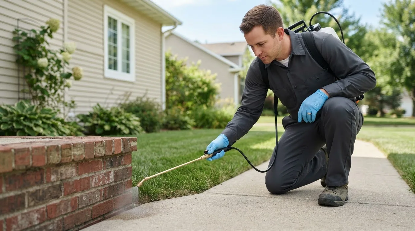 Pest control technician treating a home near Raymond, IL