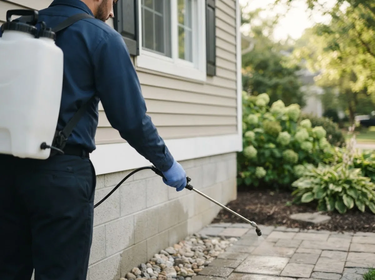 Pest control technician inspecting a home in Raymond, IL